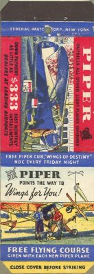 Maj. Gen. Cecil R. Moore collected matchbook covers from his travels. This cover features an advertisement for a Piper Cub airplane from the 1920s.
