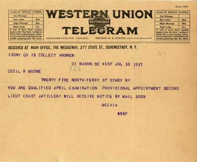A telegram alerted Maj. Gen. Cecil R. Moore that he passed his exams for appointment as a second lieutenant in the Coast Artillery.
