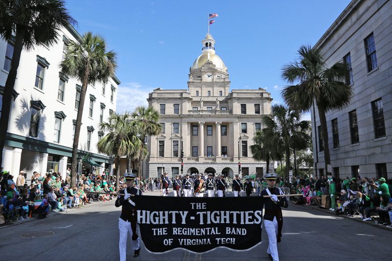 The Highty-Tighties march through downtown Savannah, Georgia, during the city's St. Patrick's Day parade.