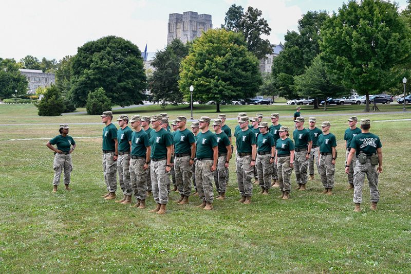 A group of cadets practices drill on the Drillfield.