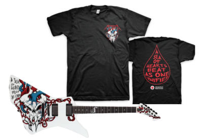 Graphic showing an image of a white guitar with a red and blue skull logo and two black t-shirts with the same logo on the front and a blood drop with the words "A sea of hears beat as one unified" on the back of the shirt.