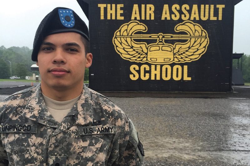 Cadet Peter Unpinco ‘18 after his graduation ceremony from Air Assault School at Fort Campbell, Kentucky.