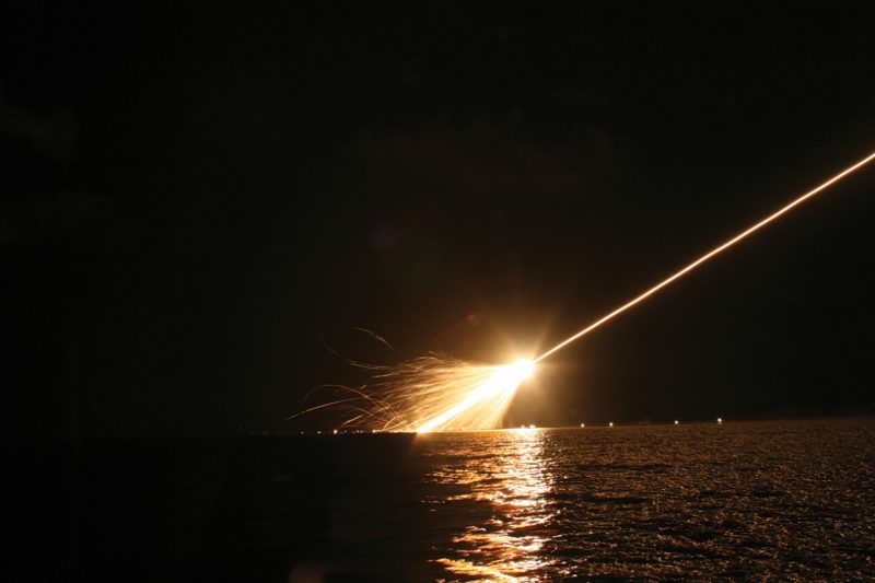 High-speed cameras placed in the Pacific Ocean capture the Minuteman III test vehicle as it re-enters the atmosphere.