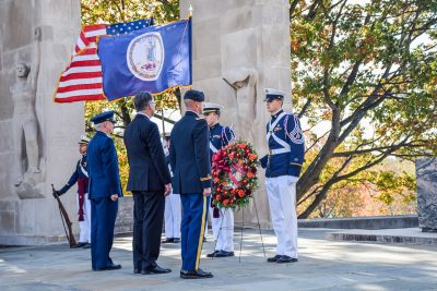 Officials place a wreath on War Memorial Court.