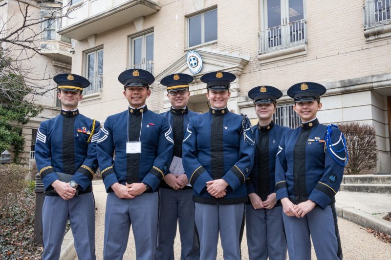 Cadets stand in front of the Greek Embassy in dress uniforms
