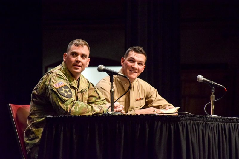 Army Capt. Thomas Lenz ’08, at left, and Marine Lt. Austin Dickey ’15 spoke to cadets during the spring Gunfighter Panel on Feb. 16.