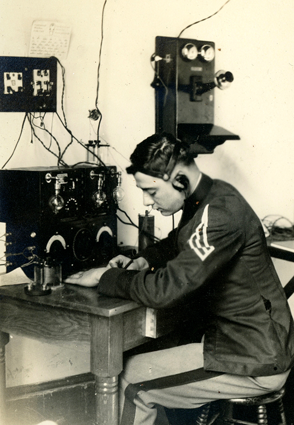 Maj. Gen. Cecil R. Moore is shown here as a cadet with what appears to be telegraph equipment.