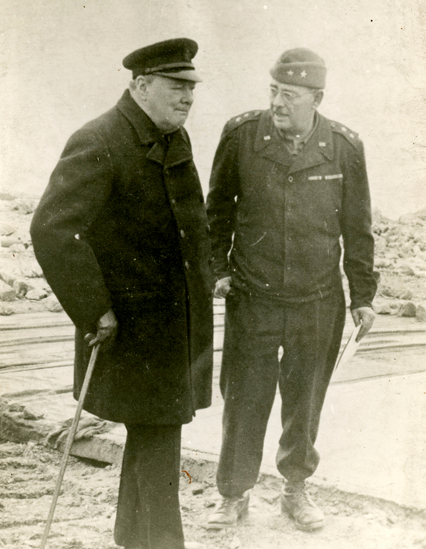 Maj. Gen. Cecil R. Moore, at right, accompanied Winston Churchill on tours of Cherbourg, France