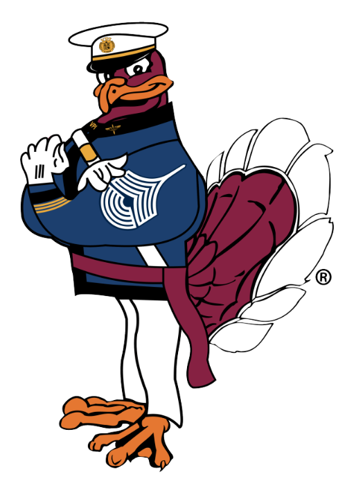 Digital art depicting the HokieBird in the Dress A cadet uniform. His arms are crossed and he looks very confident.