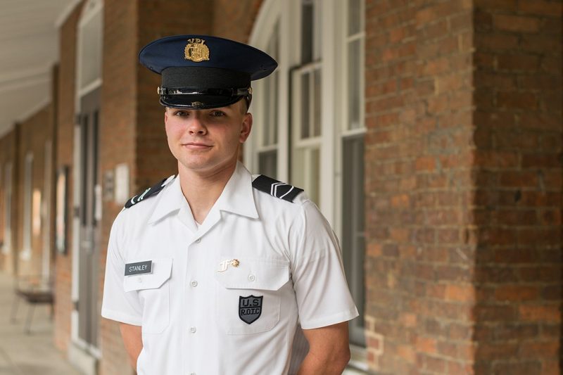 Cadet Michael Stanley stands in front of Lane Hall.