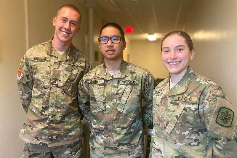 From left are cadets Lucas Surdam, Abigail Sneska, and Andy Gaines.