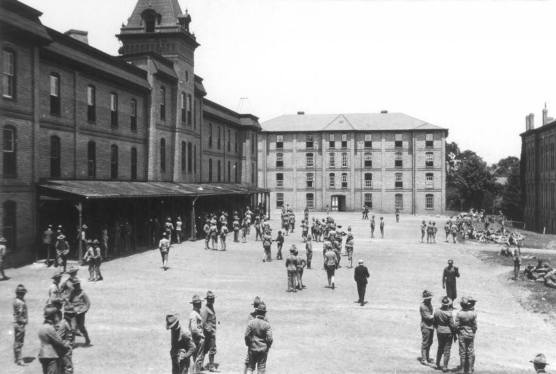 Cadets gather outside Barracks No. 1, now Lane Hall, in 1957.