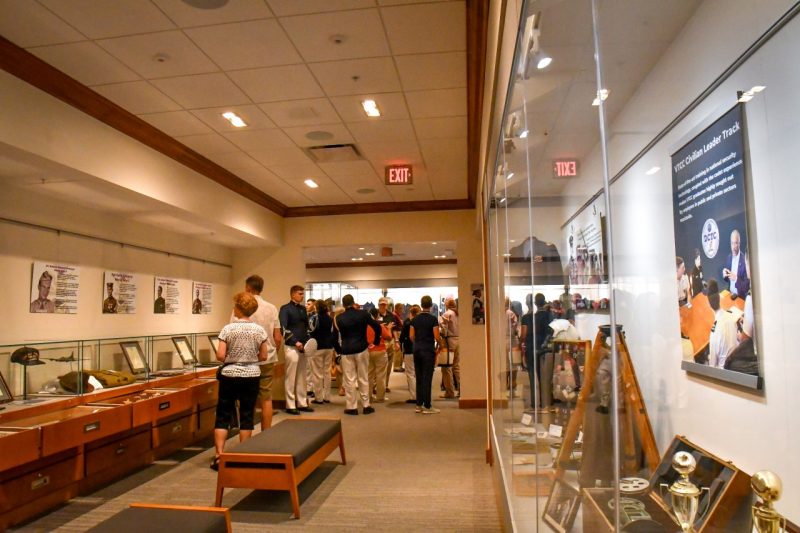 A long display on the right shows personal items of the eight VT Medal of Honor recipients, and a display on the right shows trophies and uniforms from earlier days in the Corps.