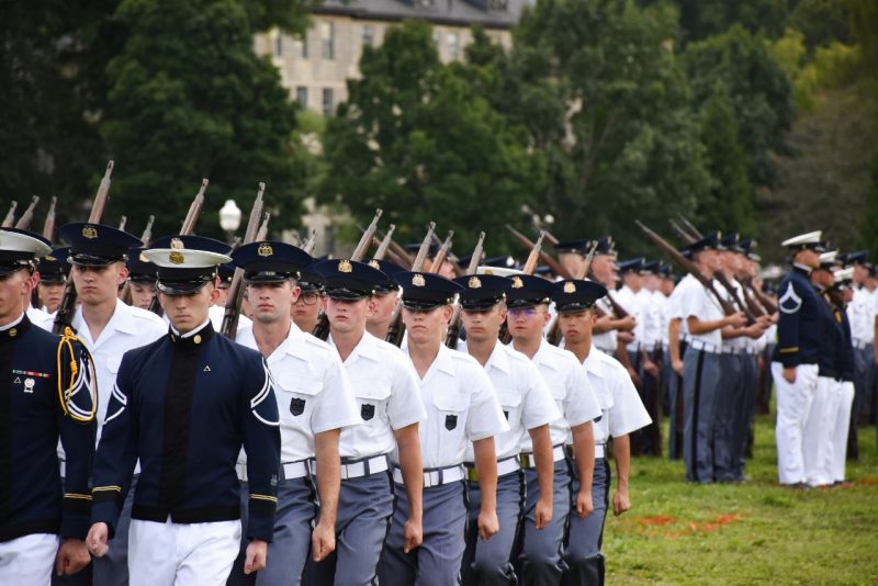 Cadre and new cadets march on the Drillfield during the New Cadet Parade