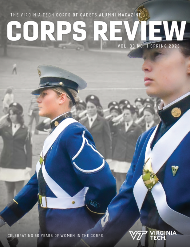Cover of Corps Review that shows two current women cadets standing in front of a black and white image of women cadets from L Squadron in 1973.