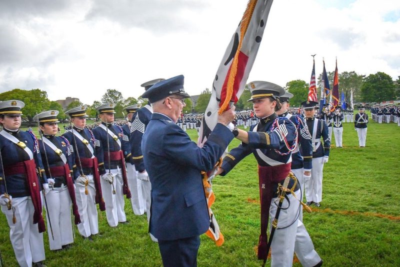 Cadet Claire Seibel and the commandant during Change of Command this spring.