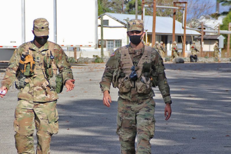 Cadet Battalion Commander Alex Yerina ’21 (right) walks with Cadet Harry Fleck ‘21 