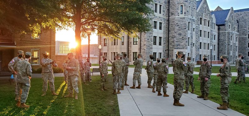Cadets gather for training behind Lane Hall. 