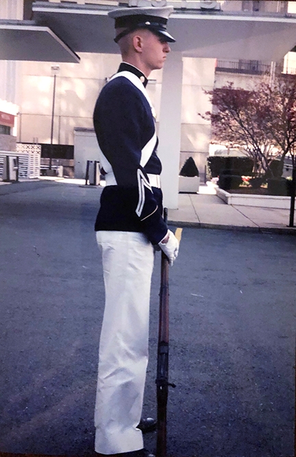 As a member of the Corps’ Gregory Guard, Borella stands and waits for the start of a parade.
