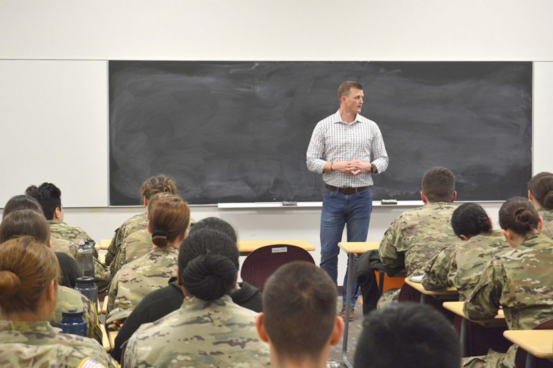 Joe McNamara ’07 speaks to a classroom filled with cadets.