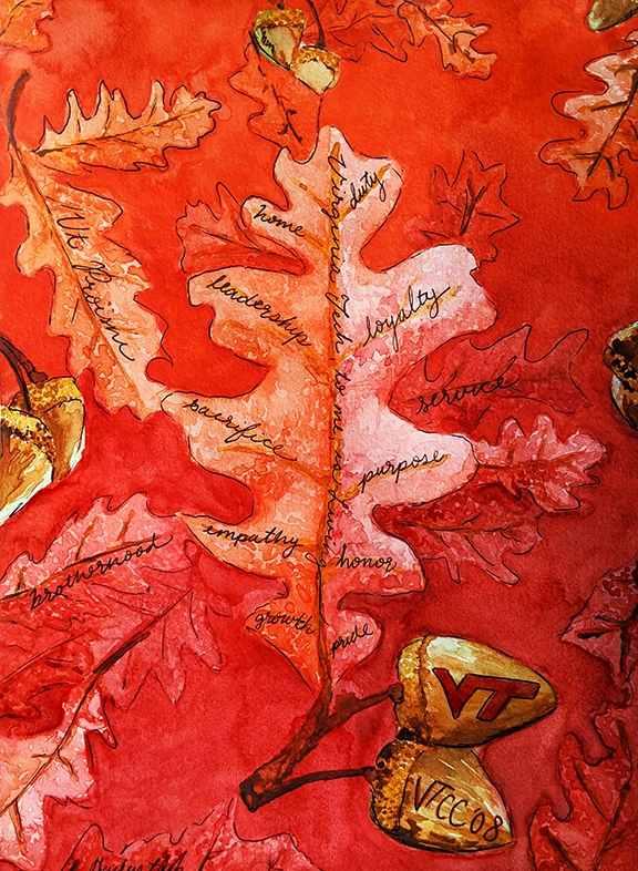 An artist's drawing of oak leaves and acorns on a field of maroon.