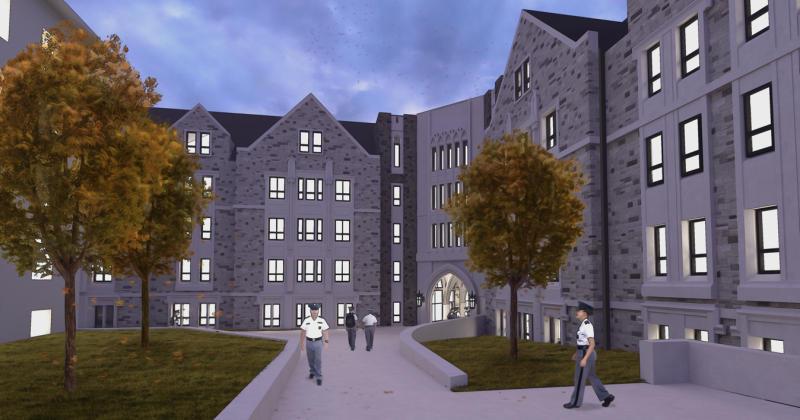 A drawing of the interior quad of the planned new residence hall.