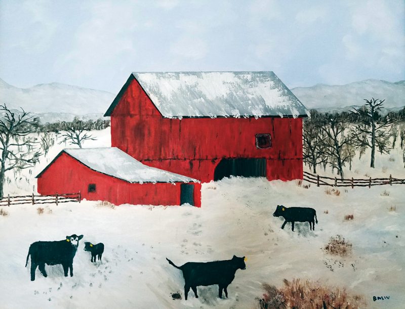 One of Watts' paintings shows a red barn and two cows in the snow.