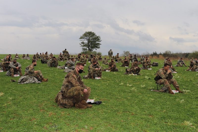 Senior cadets enjoy the “points of order” at the Tactical Dining In held during the spring FTX
