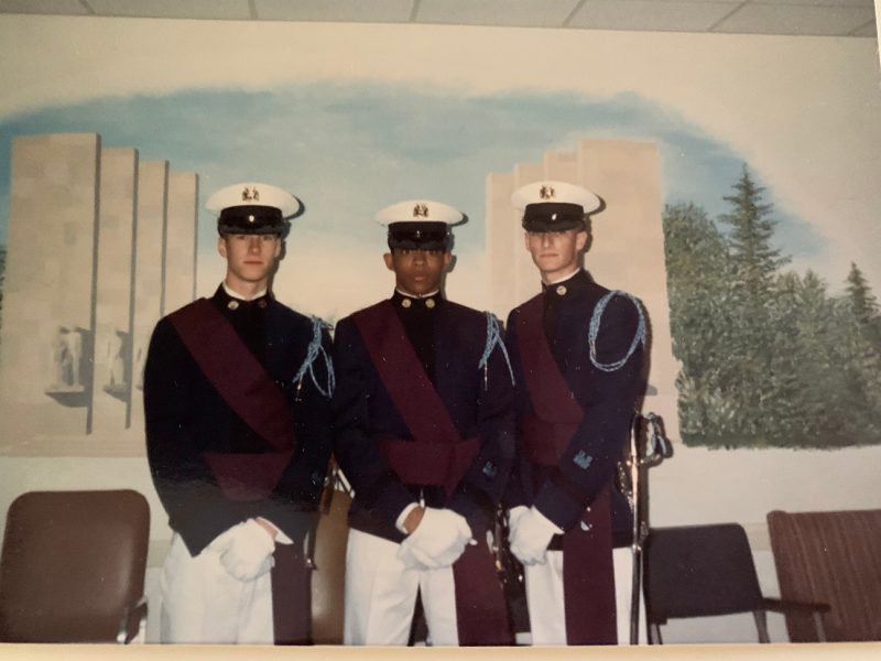 From left, New Cadet Clark, M.E.; New Cadet Norman, ‘K.N.’; and New Cadet Ireland, C.J. in 1991.