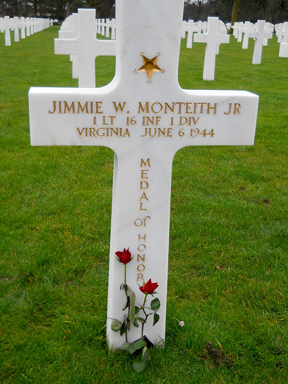 The marker for Medal of Honor recipient Lt Jimmie Monteith at Normandy, France.