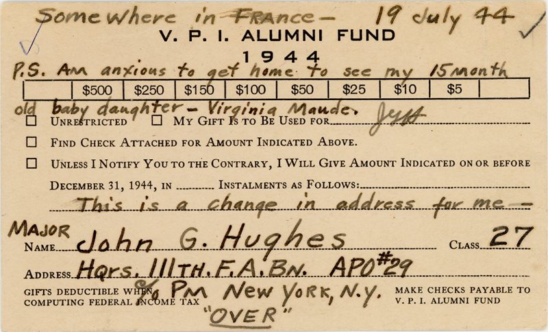 The front of the postcard from Maj. John G. Hughes ’27.