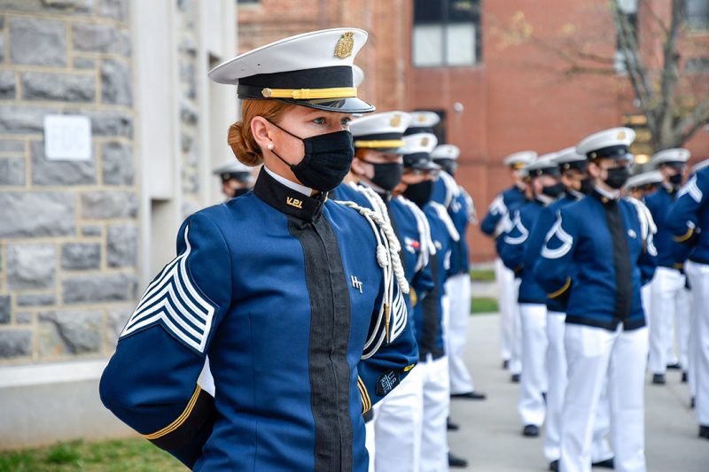 Band Company commander Catherine Walls ’21 stands in front of her company.
