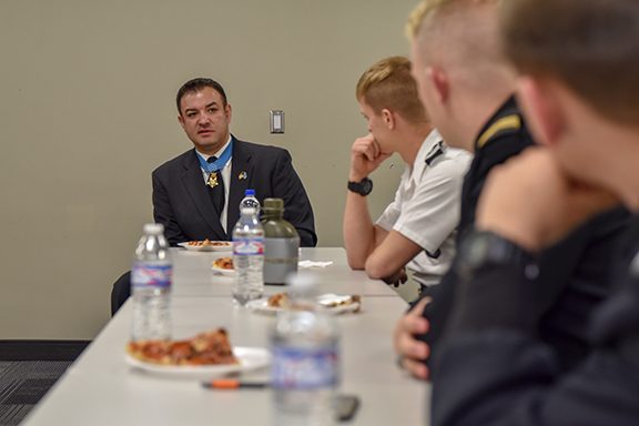 Medal of Honor recipient Leroy Petry talks with cadets.